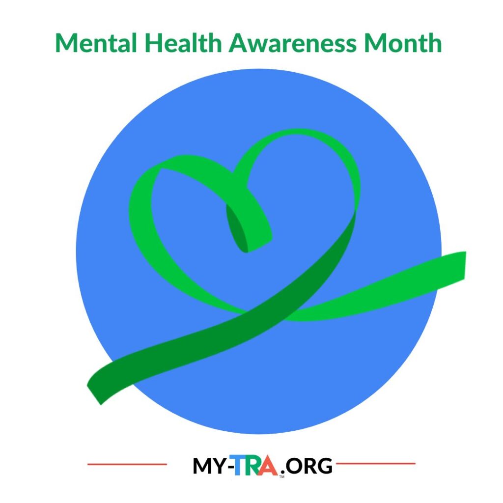 round blue circle with green ribbon and text mental health awareness month