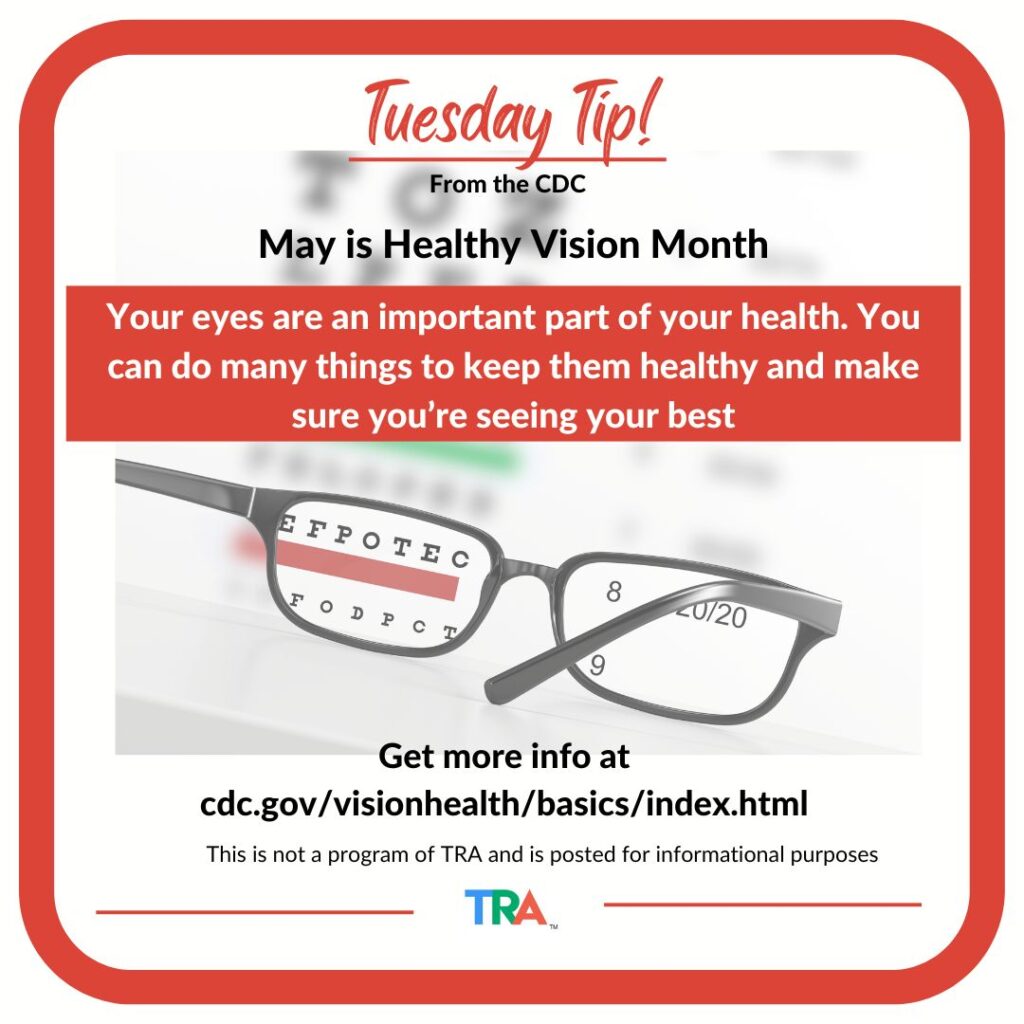 poster of a pair of eyeglasses that make text in vision chart readable with info on Tips from the CDC on Vision Loss and PRevention