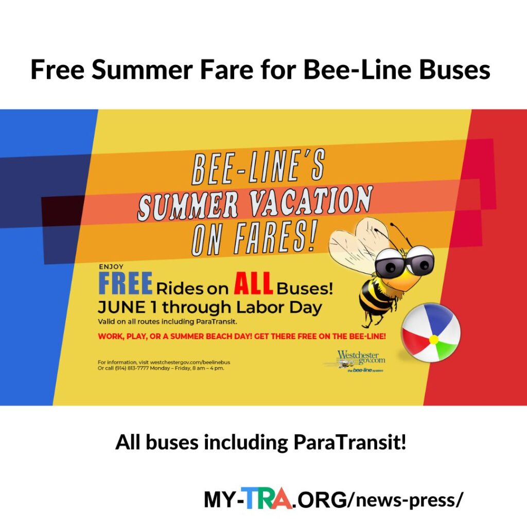 poster for the bee line fares are on summer vacation includes bumble bee hovering over beach ball