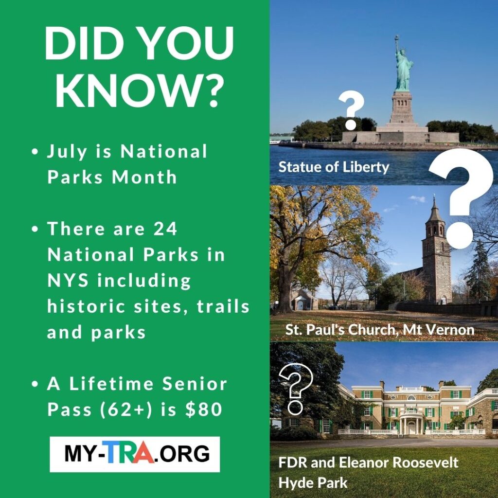 trio of National Park images including the Statue of Liberty, St. Paul’s Church and FDR and Eleanor Roosevelt Home