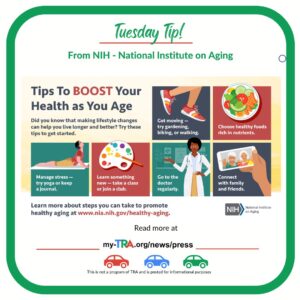 Tips to Boost Your Health montage of graphics illustrating activities to promote healthy aging