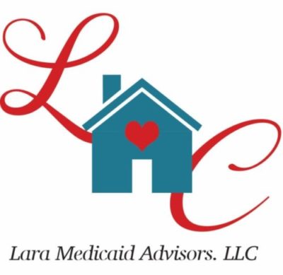 graphic of grey blue house with red heart for Lara Medicaid Advisors