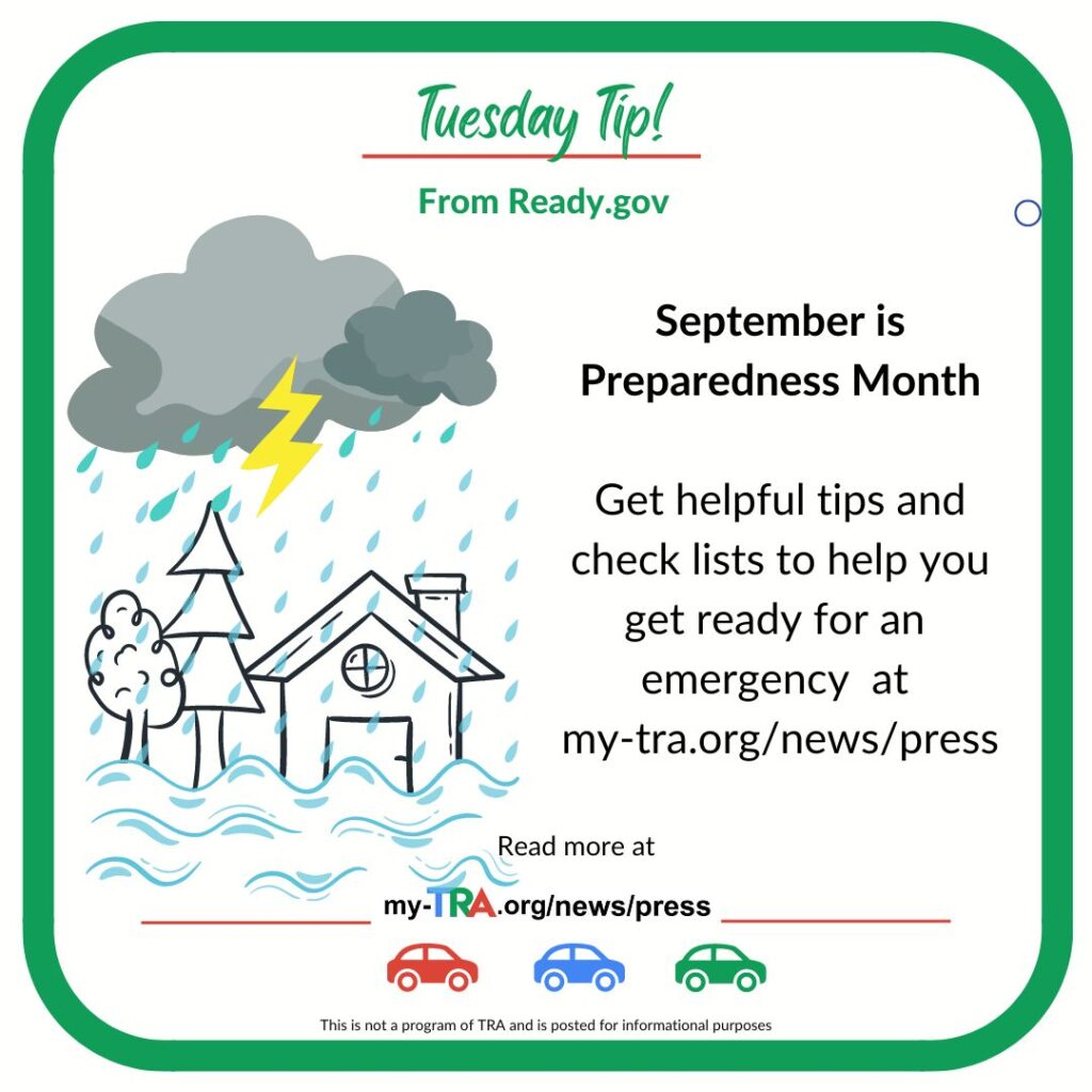 September is Preparedness Month image of heavy rain and lightning over a house and water accumulating