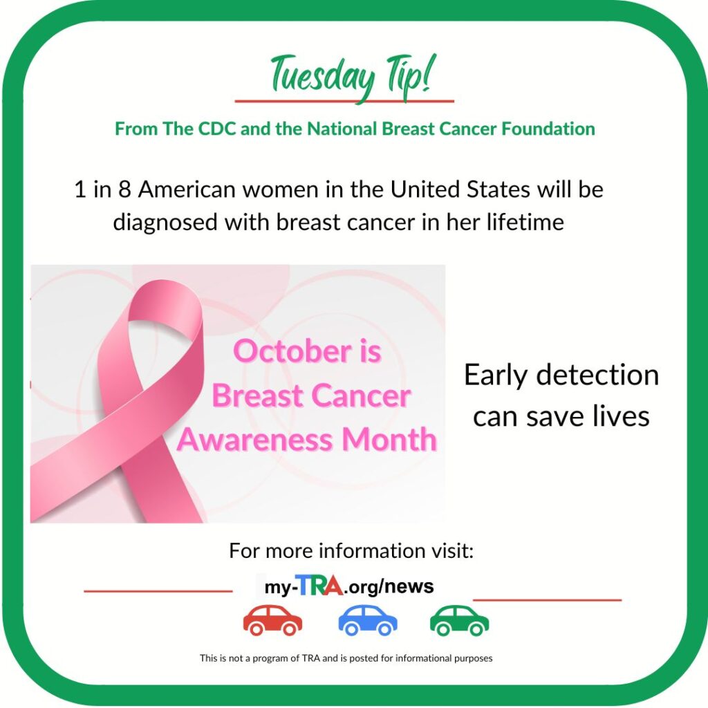 graphic features a big pink ribbon and text October is Breast Cancer Awareness Month