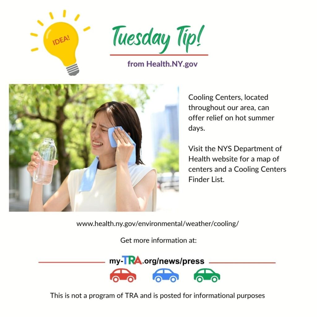 light bulb with text IDEA and woman wiping sweat from her from her forehead introduce Cooling Centers 