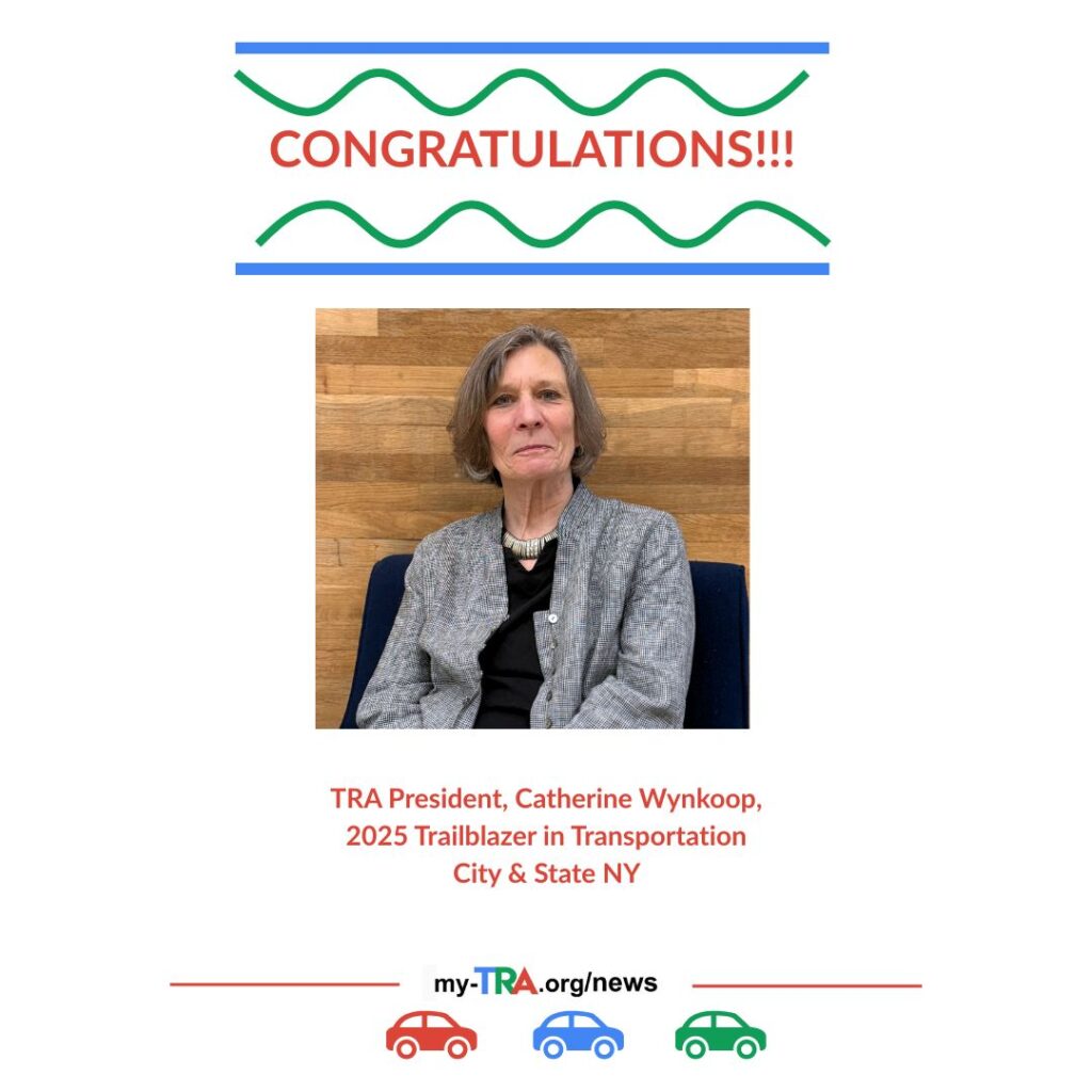 Text Congratulations and image of a woman in professional clothing sitting in office who has been recognized as a 2025 Trailblazer in Transportation