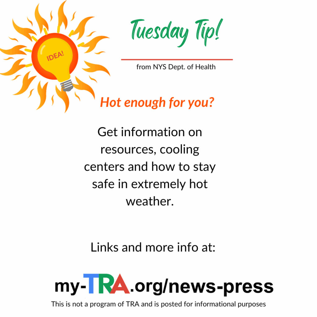 Tuesday top for hot weather graphic of hot sun with heat waves coming off it and light bulb with word idea!