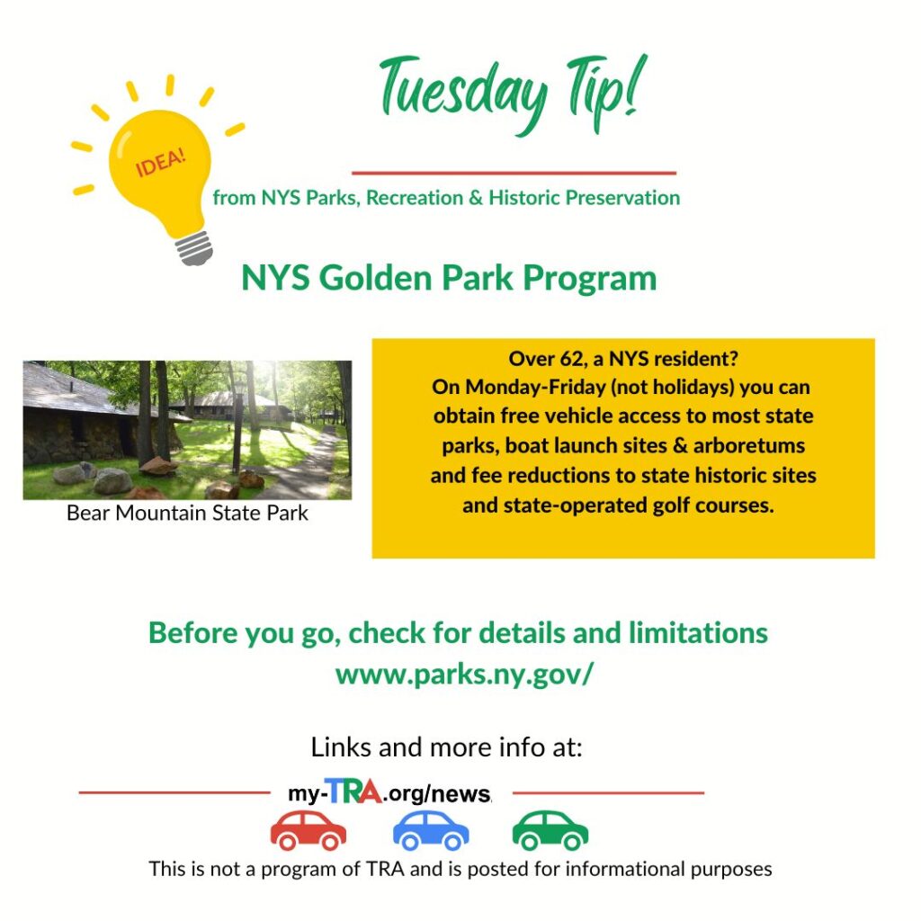 Tuesday Tip includes text on New York State Golden Park Program and a photo of the sun rising shining through the woods on stone cabins
