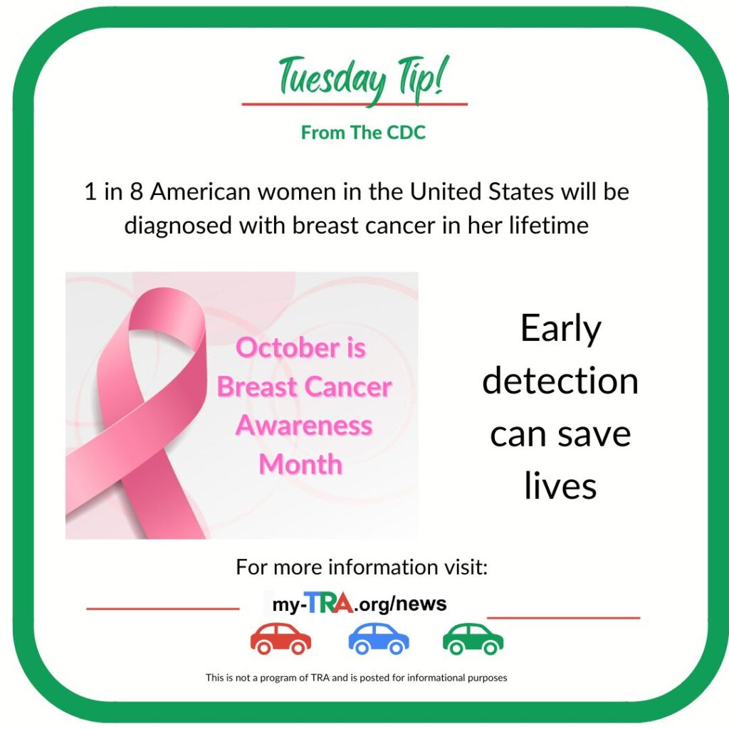 pink ribbon with text October is breast cancer awareness month. Early detection helps