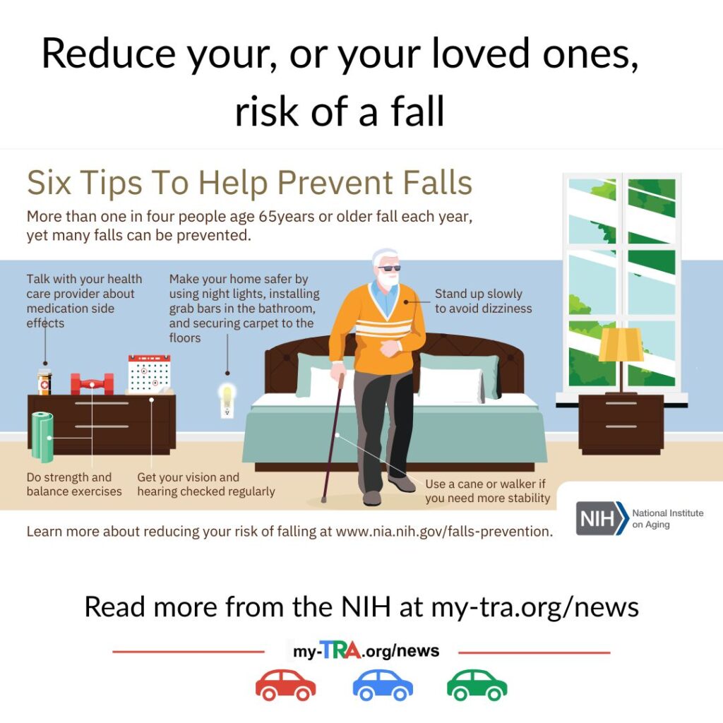 Reduce Your Risk of Falling with six tips to help prevent falls shows an older man, with cane and dark glasses standing in a bedroom