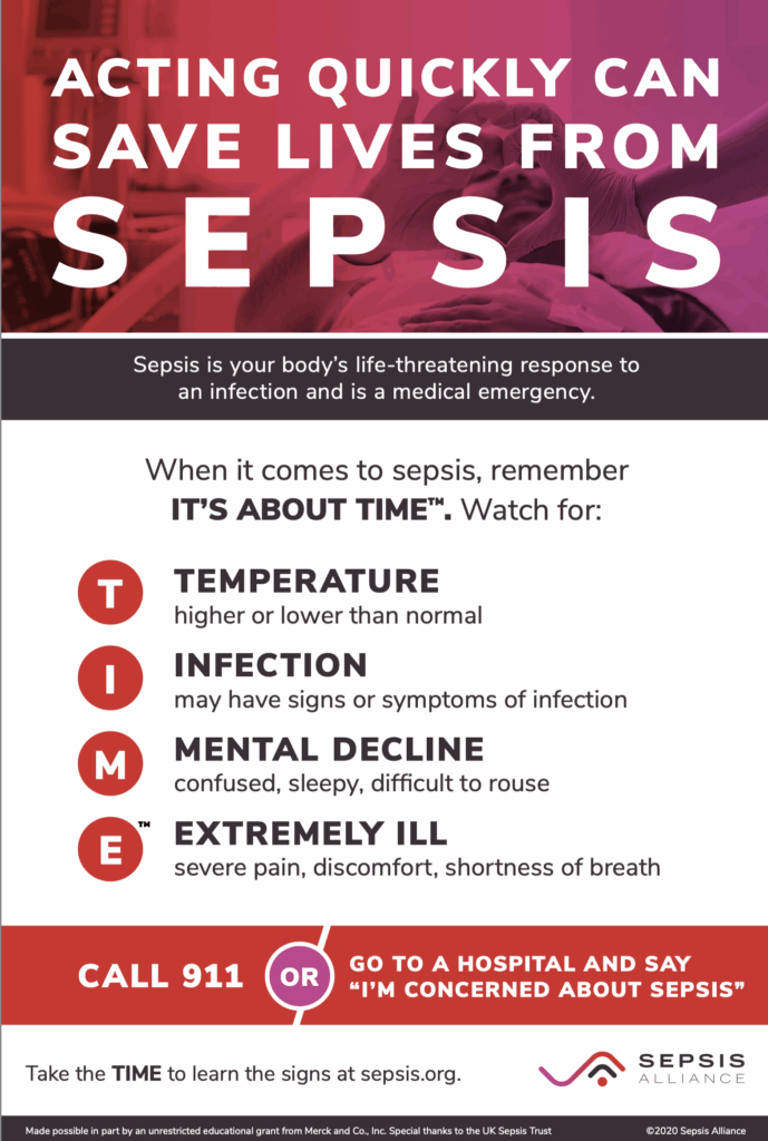 red and white flyer for acting quickly to save lives from sepsis 
sepsis awareness month