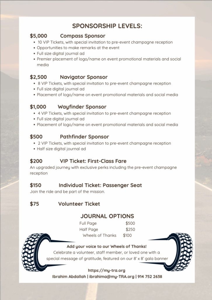 form that lists sponsorship levels, $5000, $2500, $1000, $500 tickets at 200, 150 and volunteer ticker 75 and journal options 500,250 and the wheel of thanks 200