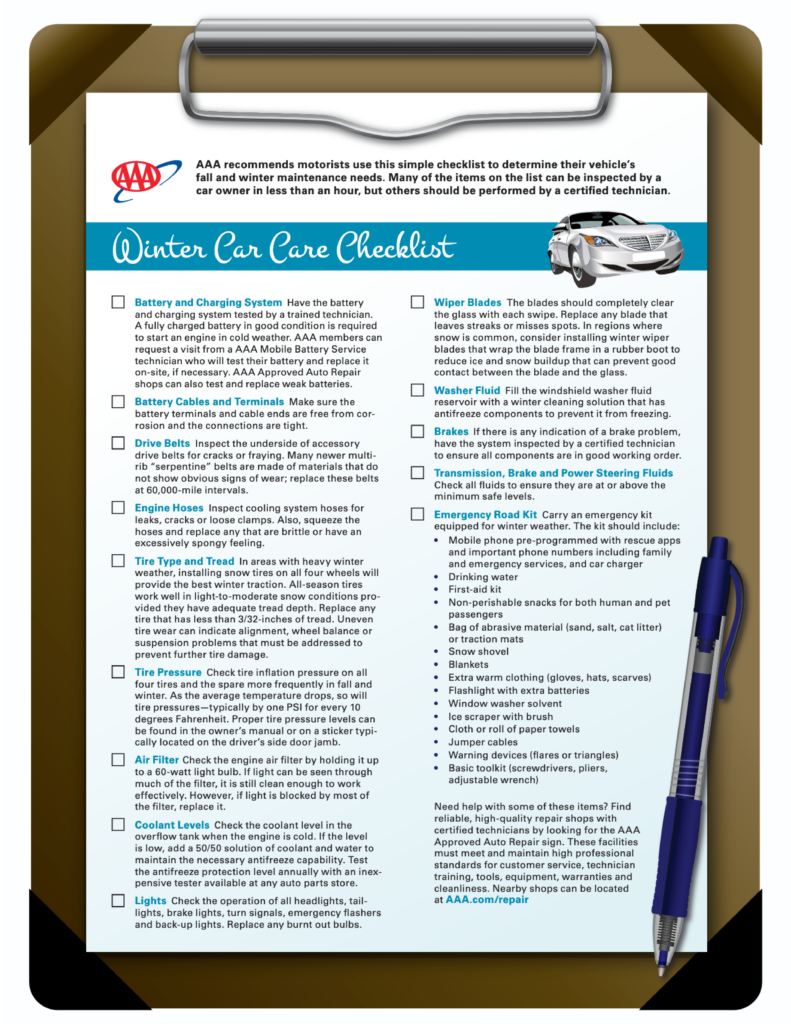 Winter Car Care Checklist from AAA is a checklist to determine you vehicle's fall and winter maintenance needs.