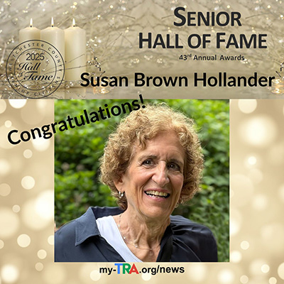 head shot of smiling woman with summer greenery against background of celebratory gold sparkles honored at Senior Citizens Hall of Fame