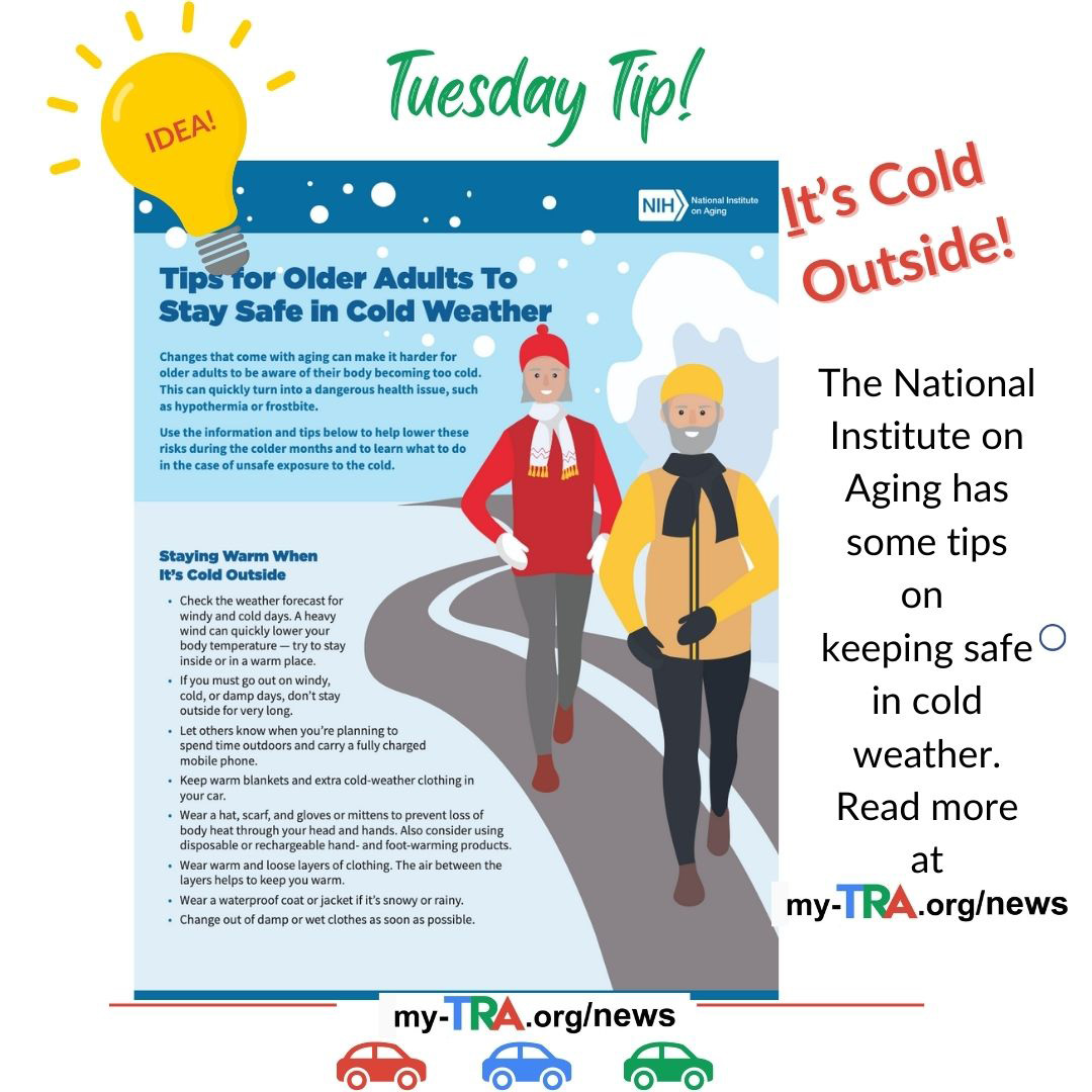 graphic of two older adults walking outside in cold weather dressed in warm clothing. Tuesday Tip - Stay Warm!