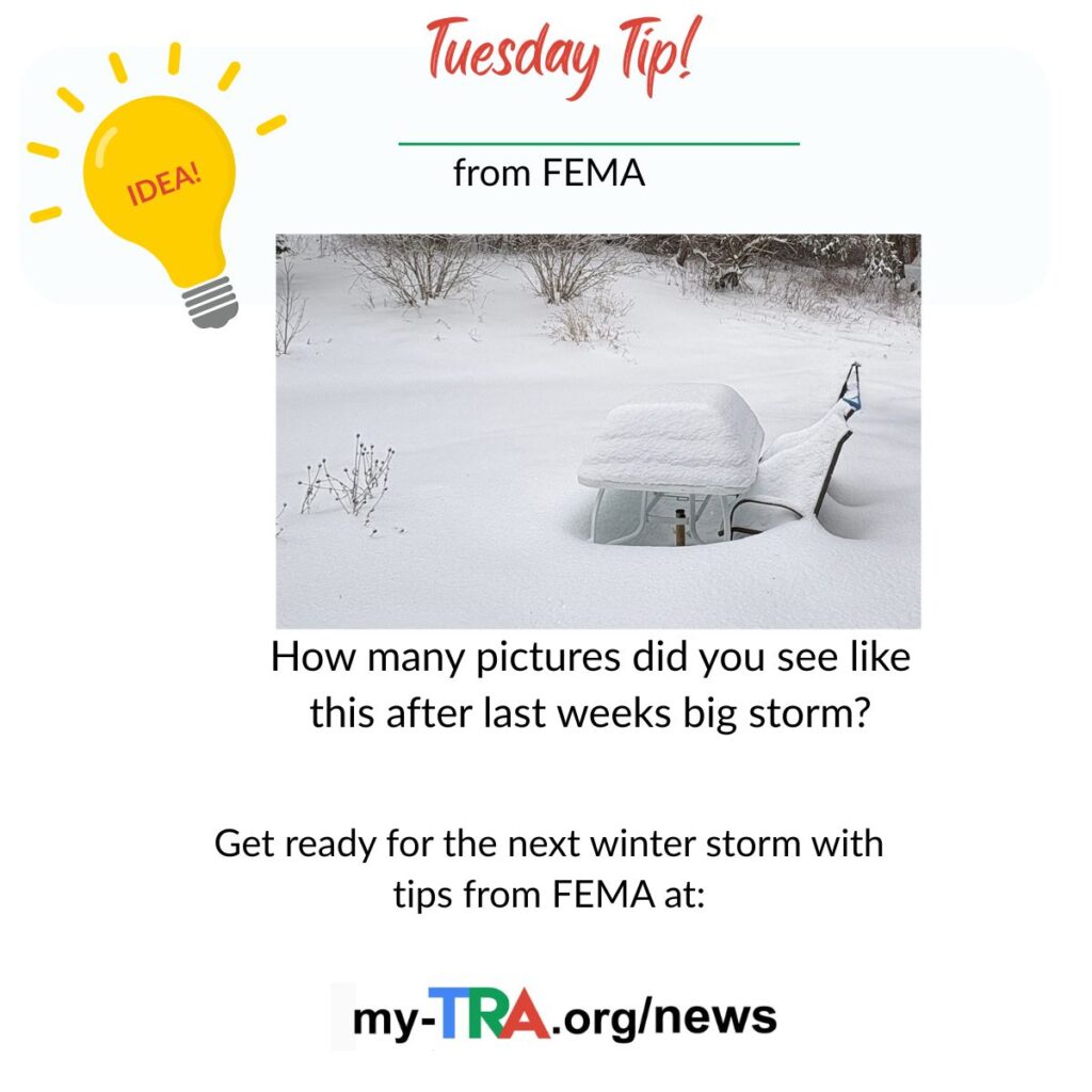 Tuesday Tip from FEMA with yellow light bulb lighting up and picture of deep snow in a backyard 