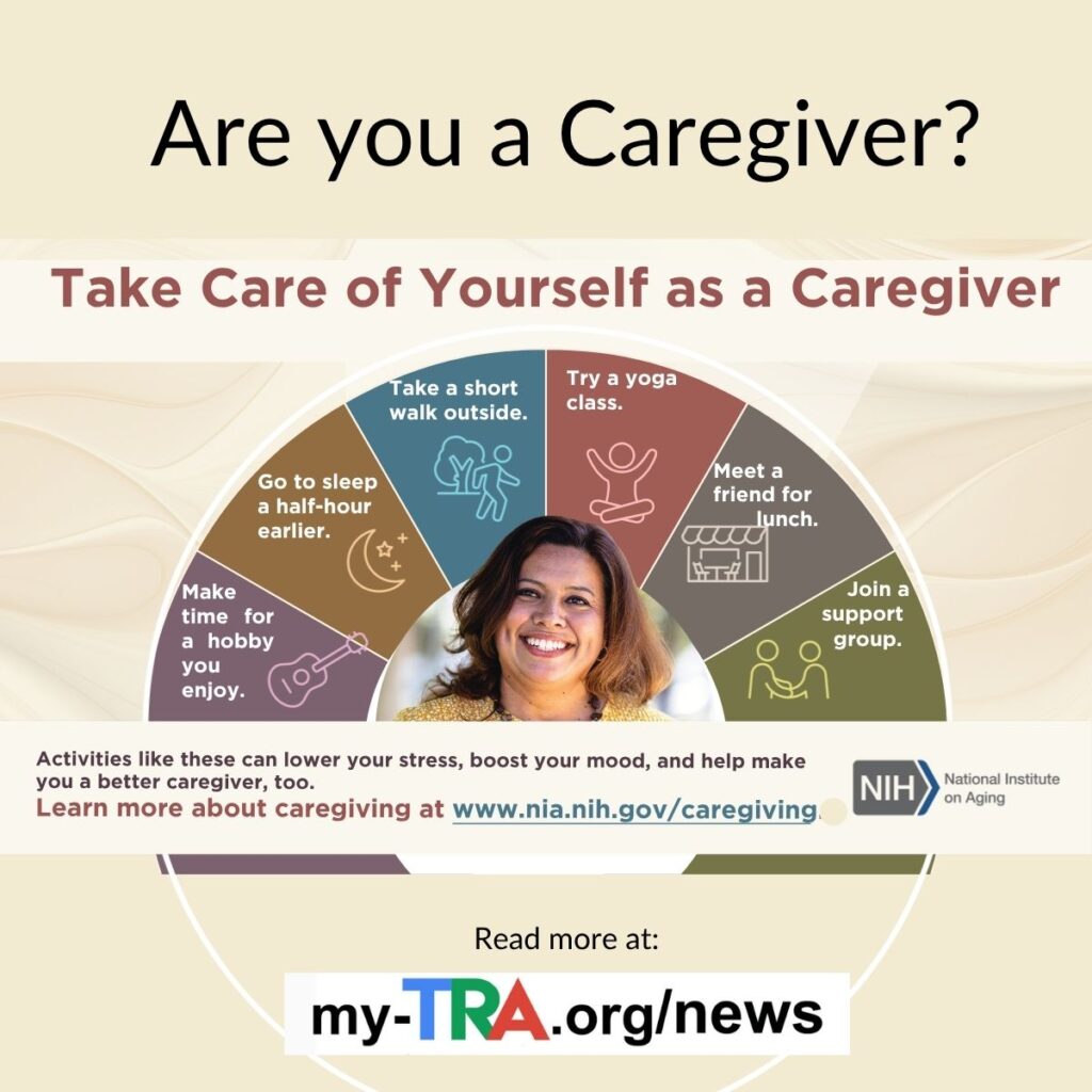 semicircular chart of healthy living tips surrounds the head and shoulders o fa smiling woman who is a caregiver