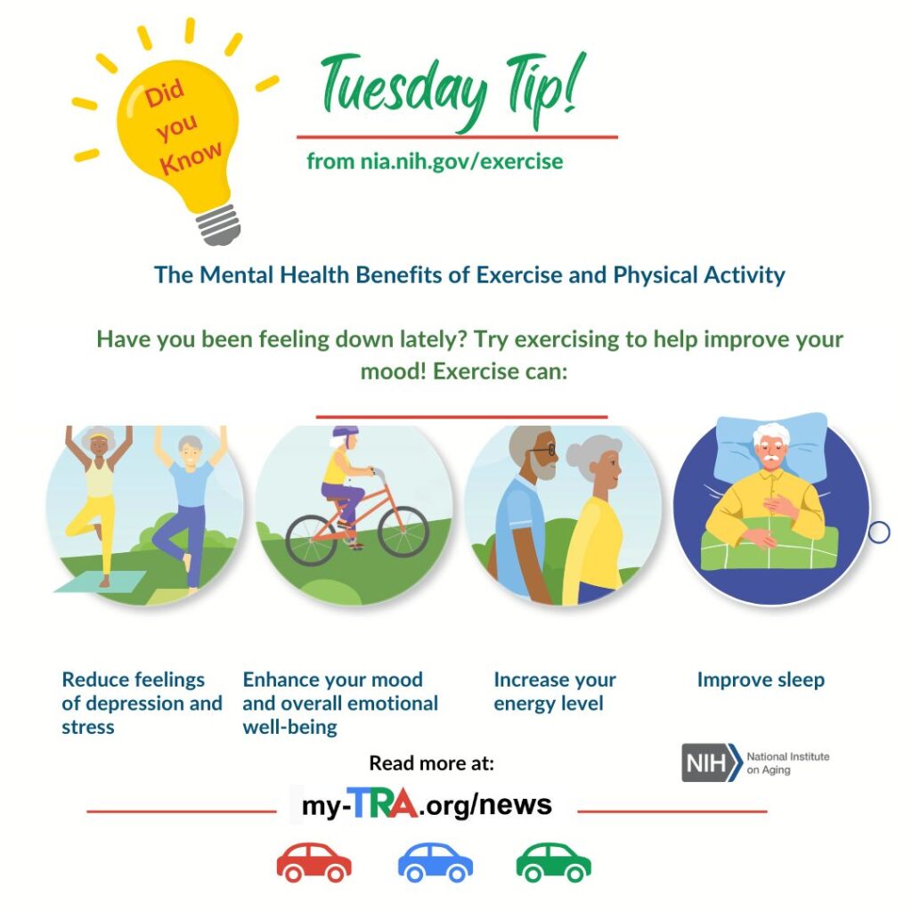 health benefits of exercise illustrate four graphics of older adults exercising and sleeping
