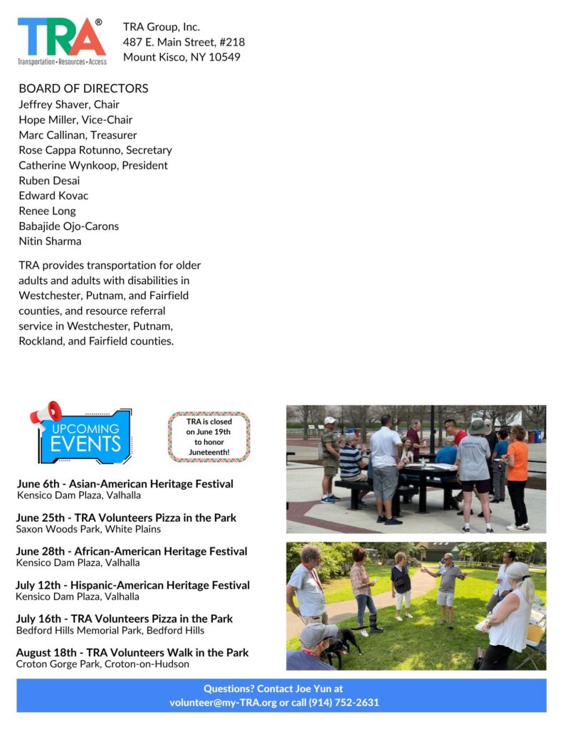 page four is a list of board members and upcoming trainings and get togethers for volunteers TRA Group Newsletter June 2026