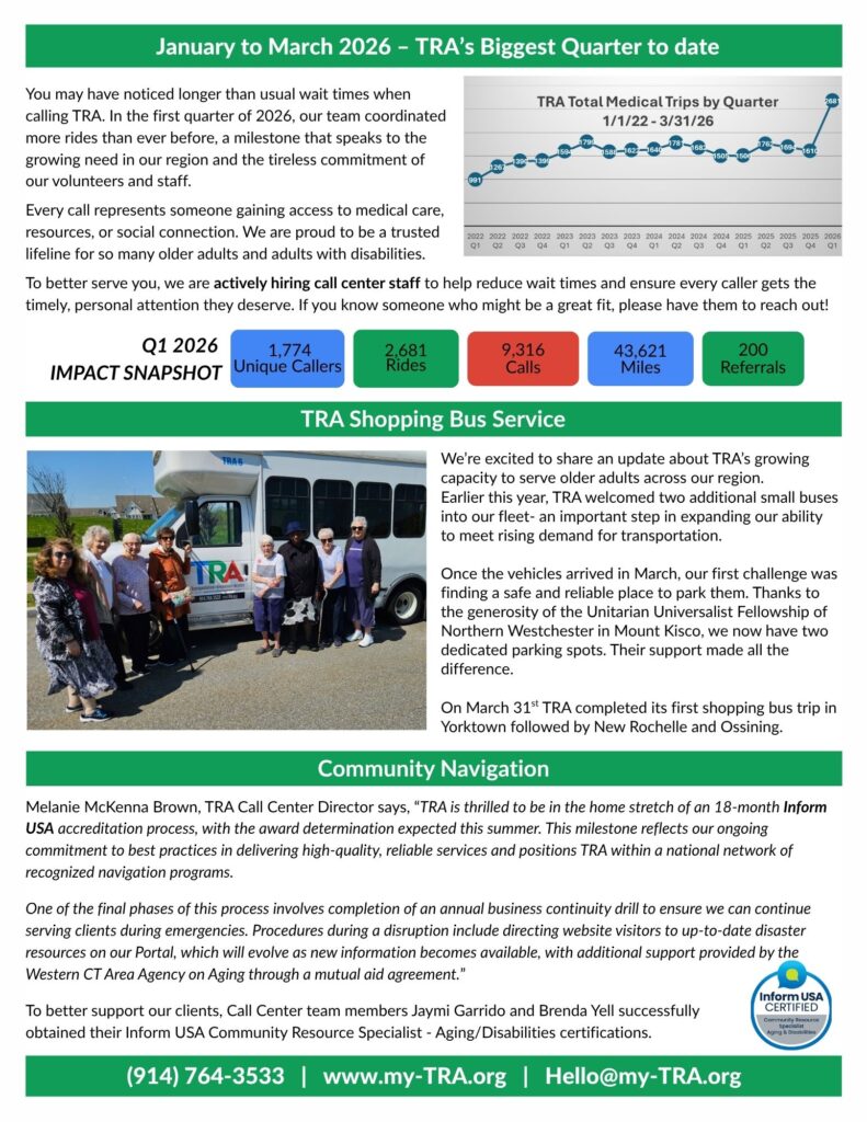 second page of news letter celebrates the largest quarter to date for TRA and a new shopping bus service - TRA Group Newsletter June 2026