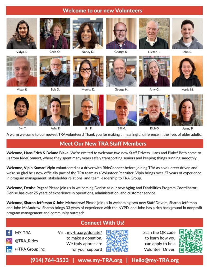 page three includes head shots of 18 new volunteer drivers and a paragraph of new staff members