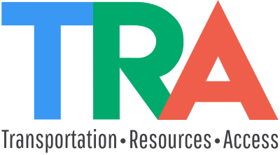 TRA logo in blue green and red
